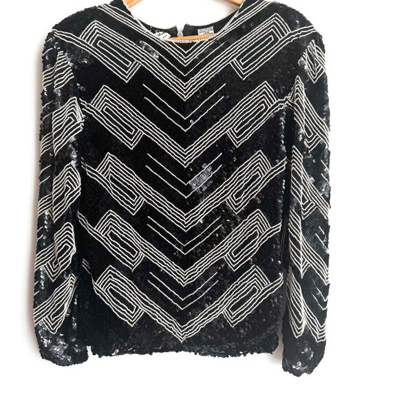 Vintage Crystal Silk Sequin Black White Sparkly Holiday Top M - Picture 2 of 7